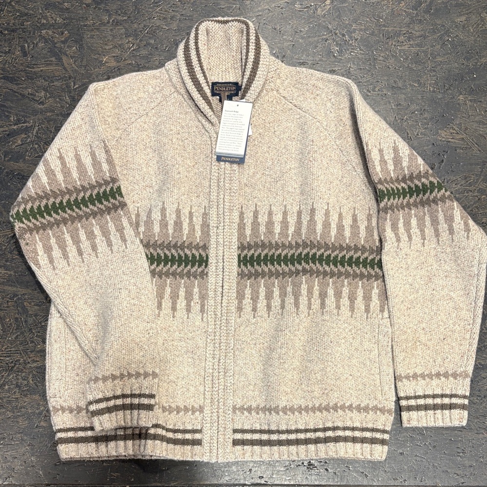 Pendleton Men's Beige Wool Zip Cardigan with Green & Brown Pattern - Picture 2 of 4